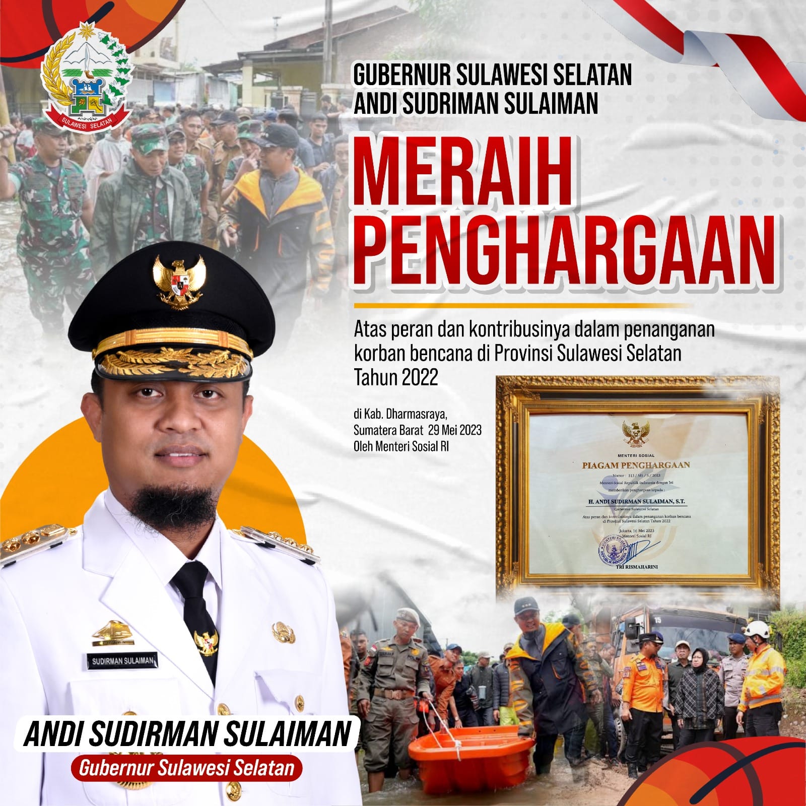 Mensos Beri Penghargaan Gubernur Sulsel, Atas Kontribusi dalam Penanganan Korban Bencana